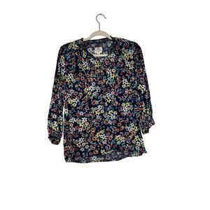 St. John’s Bay Floral Boho Blouse Navy Multicolor 3/4 Sleeve Top Size Small